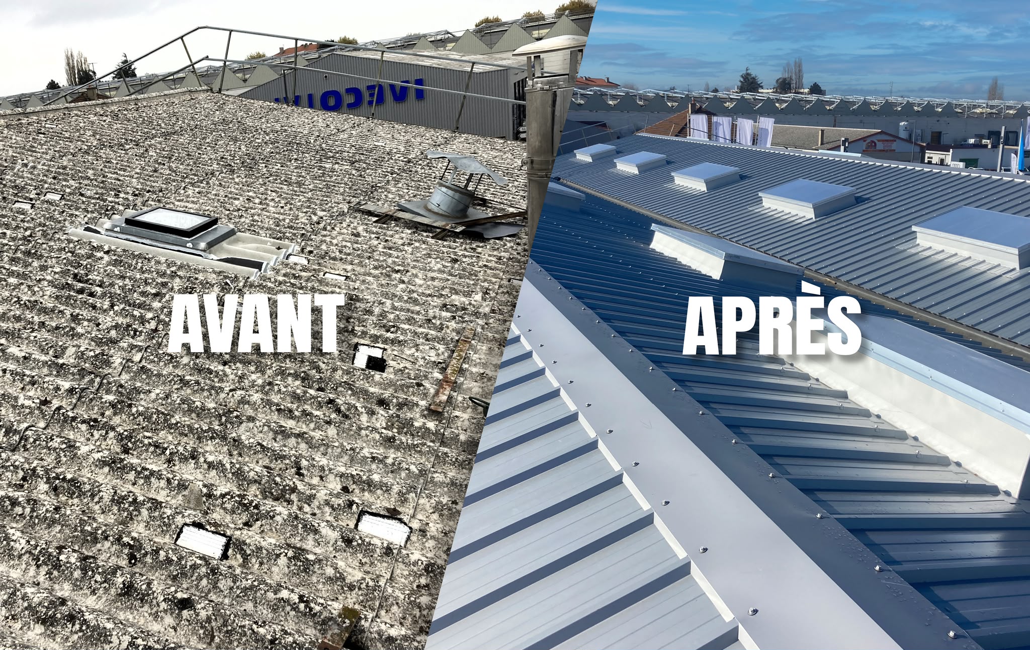 Rénovation de toiture industrielle en bac acier à Massy, avant et après
